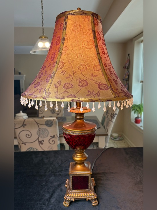 Other - Decorative Red and Gold Table Lamp with Beaded Shade
